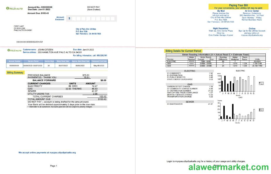 USA California Palo Alto utility bill, Word and PDF template, 2 pages